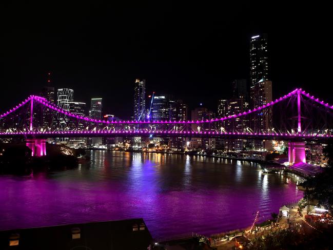 The Story Bridge is lit up in purple in February 2020 to honour domestic violence victims Hannah Clarke and her three children.