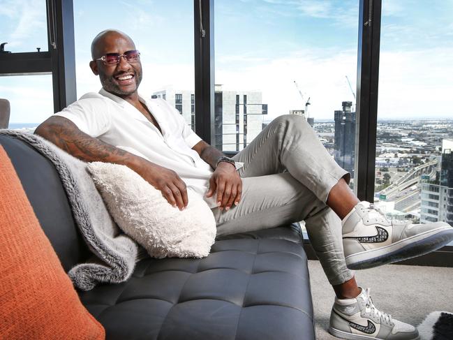 Weekend. SBS NBL commentator Corey Williams basketball legend originally from New York, residing in Australia during COVID. He was awarded the 2010 NBL MVP Award, and Corey also has his own fashion label, Wolf Life.                     Picture: David Caird