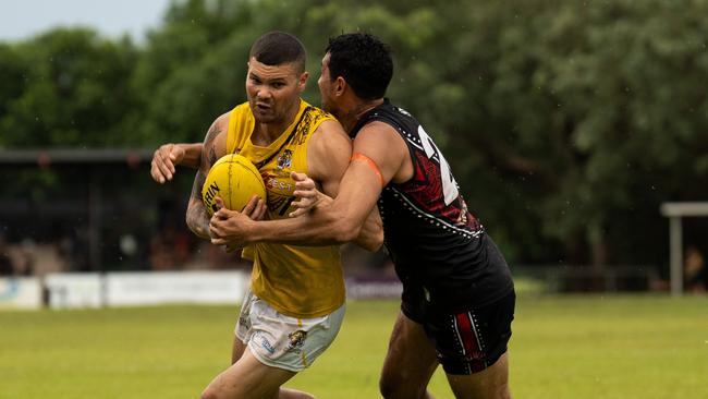 Brandan Parfitt on his Round 10 return to the Nightcliff Tigers against the Tiwi Bombers in the 2024-25 NTFL season. Picture: Jack Riddiford / AFLNT Media