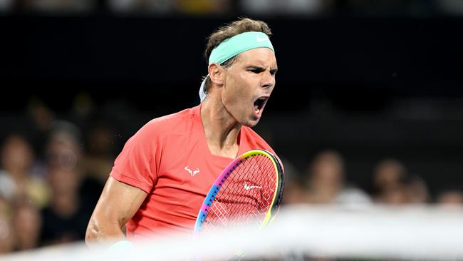 *** BESTPIX *** BRISBANE, AUSTRALIA - JANUARY 02: Rafael Nadal of Spain celebrates after winning a point in his match against Dominic Thiem of Austria during day two of the  2024 Brisbane International at Queensland Tennis Centre on January 02, 2024 in Brisbane, Australia.  (Photo by Bradley Kanaris/Getty Images)