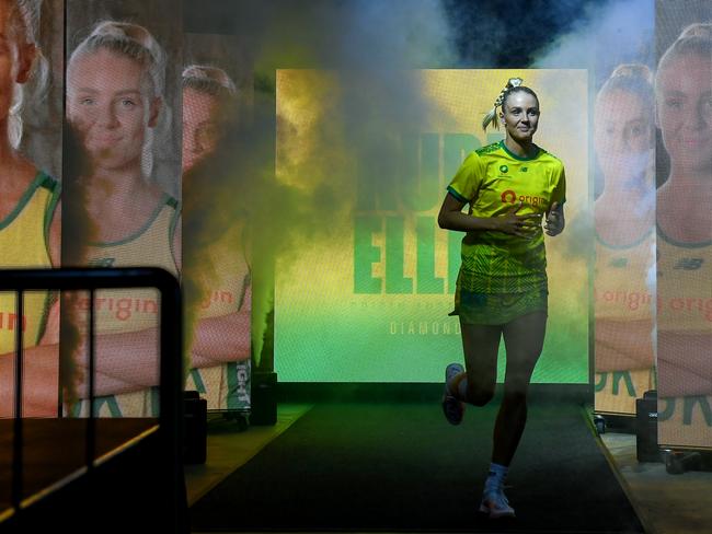 ADELAIDE, AUSTRALIA - SEPTEMBER 19: Rudi Ellis of the Diamonds  enters during game one of the international series between Australia Diamonds and England Roses at Adelaide Entertainment Centre on September 19, 2024 in Adelaide, Australia. (Photo by Mark Brake/Getty Images)