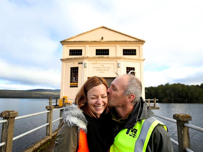 Pumphouse Point general managers Renee Anderson and Josh Bradshaw in front of the pumphouse.