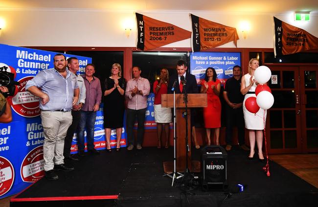 Labor Party leader Michael Gunner gives his first speech as the new Chief Minister of the Northern Territory at the Waratah club. Picture: Ivan Rachman