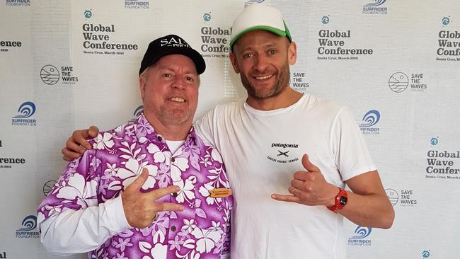 Gold Coast World Surfing Inc.’s Andrew McKinnon and Global Wave Conference co-founder Hugo Tagholm, from Surfers Against Sewage, at this year’s GWC in Santa Cruz, California. Picture: Supplied.