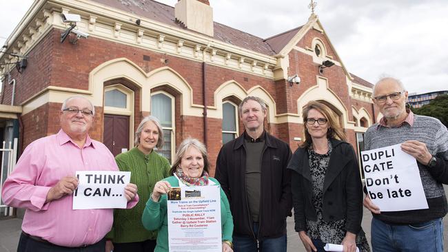 Joe Perri, Sue Bolton, Sheridan Tate, Kevin Balaam, Jo Stanley and Denis Watson want the Upfield line duplicated. Picture: Ellen Smith