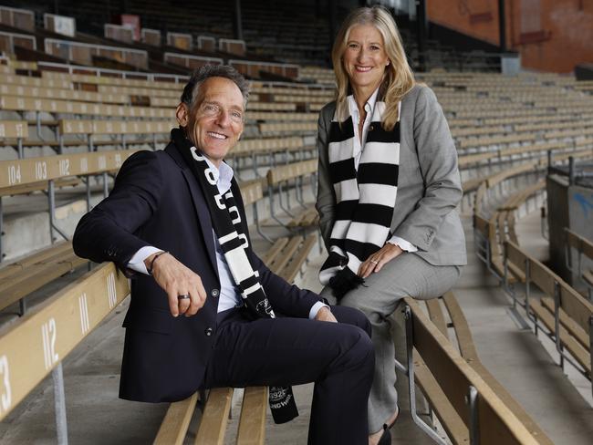 Collingwood’s next president Barry Carp and Gaye Morris, who was added to the club’s board on Monday night. Picture: Michael Klein