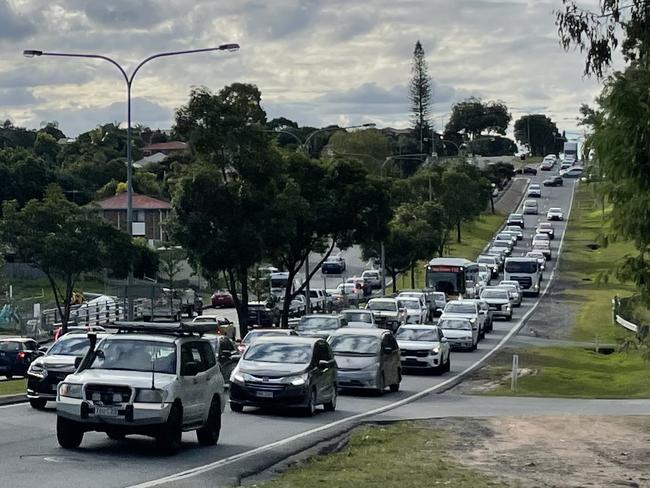 Cars were backed up for a long way near the crash site. Picture: Nicola McNamara