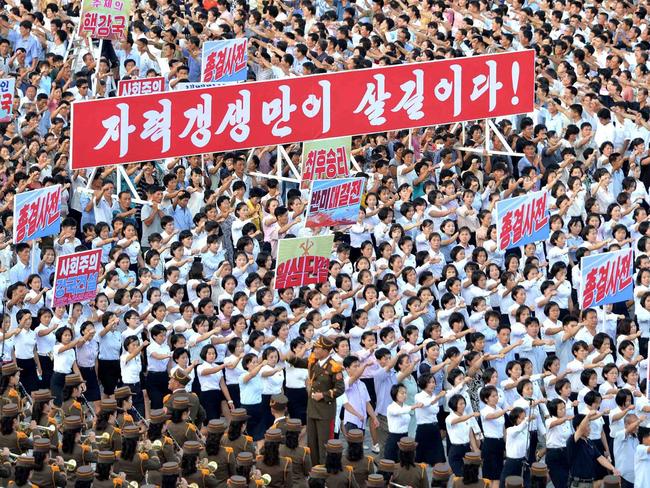 This picture taken on August 9 and released by North Korea’s official Korean Central News Agency shows a rally in support of North Korea’s stance against the US. Picture: AFP