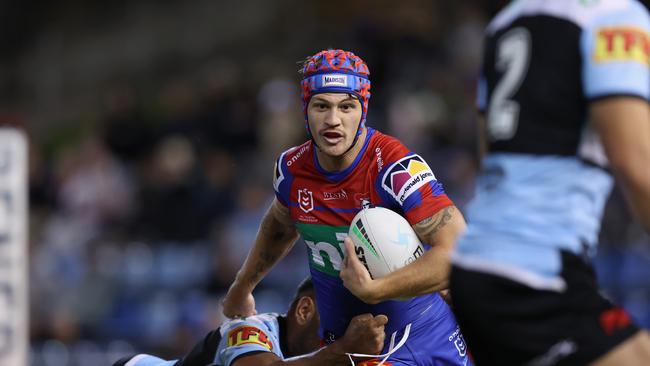 NEWCASTLE, AUSTRALIA - APRIL 16: Kalyn Ponga of the Knights in action during the round six NRL match between the Newcastle Knights and the Cronulla Sharks at McDonald Jones Stadium, on April 16, 2021, in Newcastle, Australia. (Photo by Ashley Feder/Getty Images)