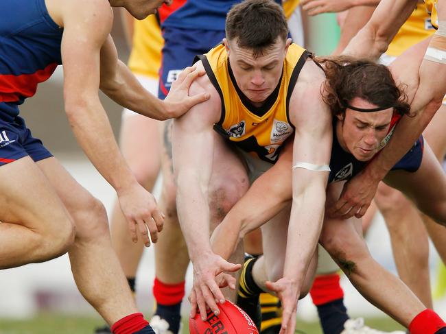 MELBOURNE, AUSTRALIA - AUGUST 04:  Dominic Brew of the Tigers  and Marcus Lenten of the Lions compete for the ball during the round 18 VFL match between Coburg and Werribee at Piranha Park on August 4, 2018 in Melbourne, Australia.  (Photo by Darrian Traynor/Getty Images)