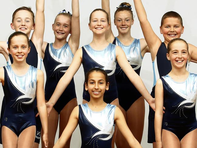 L to R:  Elise Babbage -10,  Noah Sullivan -10, Jade Landing -10, Iyla Maguire -10, Nicola Richards -10, Jemma Gillis -12,   Angus Devlin -9 and Amelie Bald - 10. students at St Brigid's Catholic Primary School Coogee will contest  the AeroSchools National Championships, an aerobics performance competition. Picture: John Appleyard