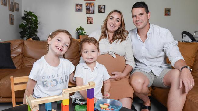 Family is the top priority for George and Rebecca Lekkas in 2023. Pictured with children Sofia, 5, and Archie, 2, the couple’s third child is due in early February. Picture: Brenton Edwards