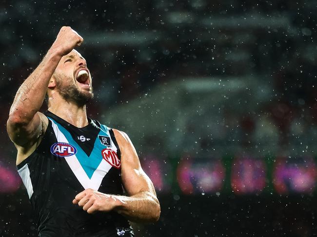 *APAC Sports Pictures of the Week - 2020, September 14* - ADELAIDE, AUSTRALIA - SEPTEMBER 12: Travis Boak of the Power celebrates during the round 17 AFL match between the Port Adelaide Power and the Essendon Bombers at Adelaide Oval on September 12, 2020 in Adelaide, Australia. (Photo by Daniel Kalisz/Getty Images)