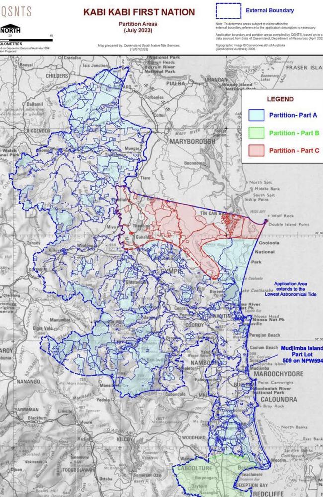 A map showing the Native Title areas for the Kabi Kabi people on the Sunshine Coast, Gympie, Noosa and Fraser Coast regions.