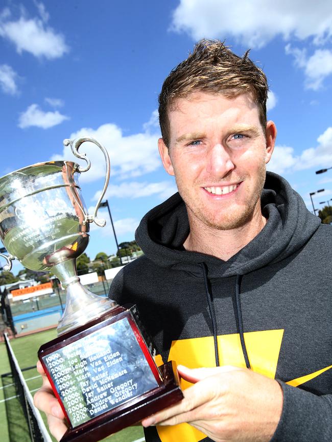 Harry Bourchier successfully defended his Victorian grass court championships at Geelong Lawn Tennis Club. Picture: ALAN BARBER