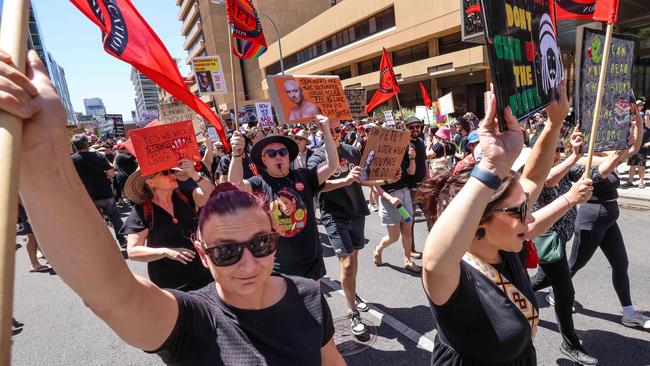 Thousands of people rallied in the CBD today for public teachers, walking down Flinders Street towards Parliament House. Picture: Russell Millard