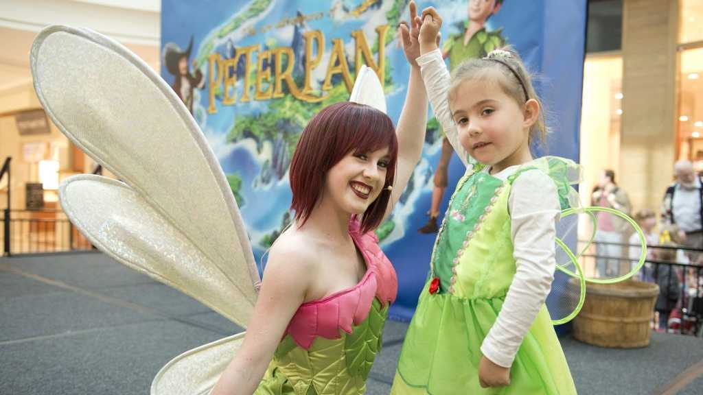 Ella Ollier meets Tinkerbell ( Jam Marshall ) at the Peter Pan stage show at Grand Central shopping centre. Tuesday, July 2, 2014. Photo Nev Madsen / The Chronicle. Picture: Nev Madsen