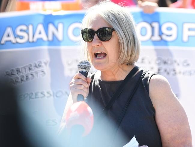 Moreland Councillor Sue Bolton speaks during a protest outside Federation Square, Melbourne, Friday, February 1, 2019. A global campaign on the day of the Asian Cup final is demanding freedom for Hakeem Al-Araibi and all the prisoners of conscience. (AAP Image/James Ross) NO ARCHIVING