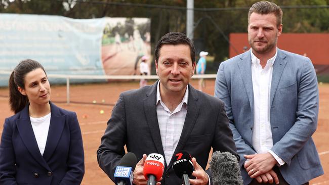 Opposition Leader Matthew Guy with Liberal candidate for Hastings Briony Hutton and Liberal candidate for Nepean Sam Groth at Hastings Tennis Club. Picture: Michael Klein