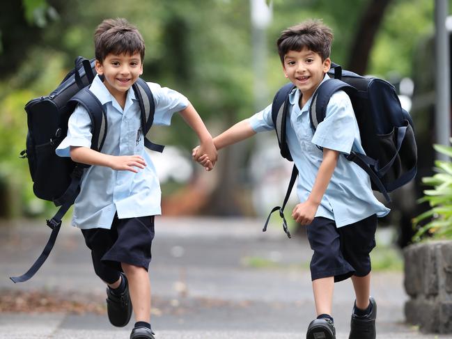 Back to School. Identical twin brothers Maximus and Domadius Missiha who are starting prep this year at Our Lady of Lourdes school. The boys came from interstate so they're new to Melbourne.                                                             Picture: David Caird