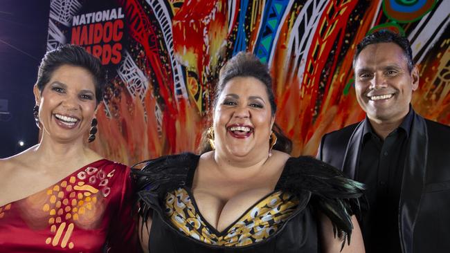 TV presenter Narelda Jacobs, comedian Steph Tisdell and actor Rob Collins, the three hosts set to MC the First Nations night of nights in Adelaide. Picture: Brett Hartwig