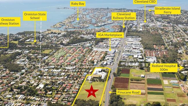 A map showing the Ormiston block of land in the foreground and Cleveland and Raby Bay in the background.