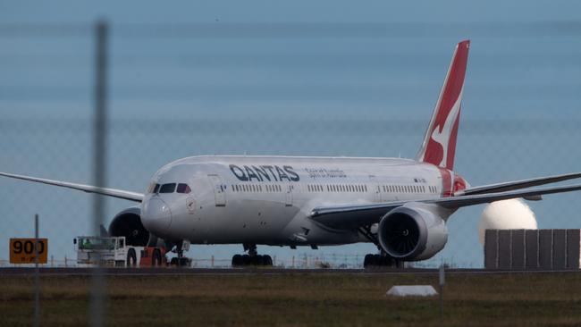 Qantas flight QF112, carrying stranded Aussies from India, lands in Darwin last week. Picture: Che Chorley