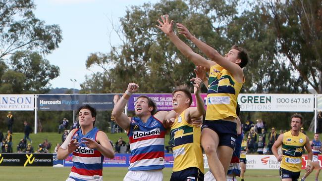 SANFL: Central District v Eagles at Elizabeth Oval. Eagles Player #1 Jack Hayes leaps for the ball. (AAP/Emma Brasier)