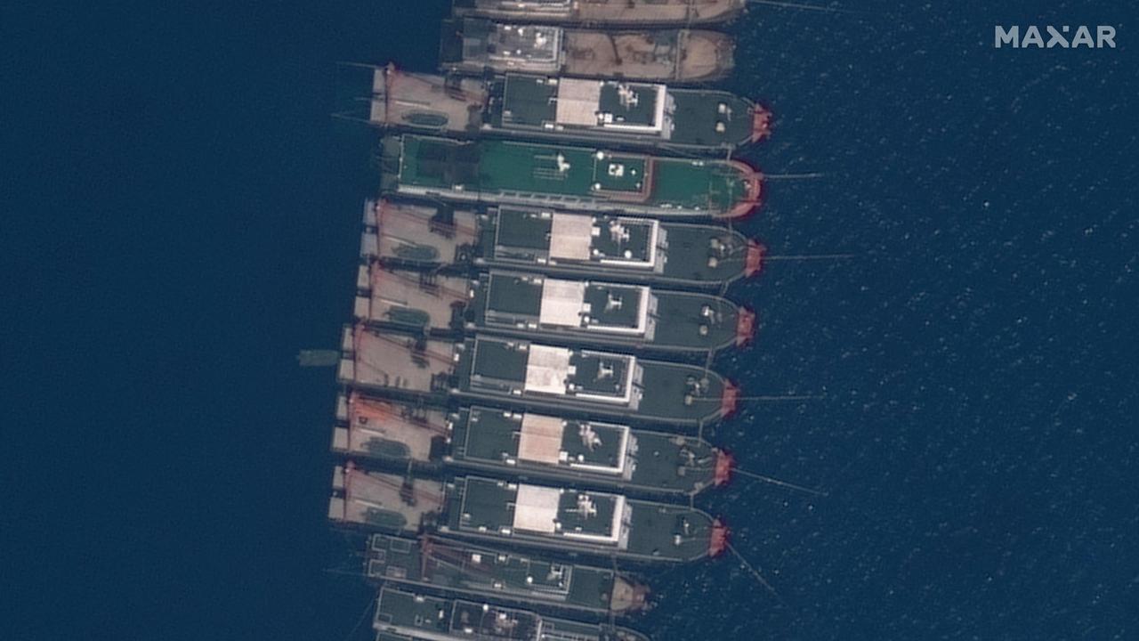 Chinese vessels anchored at the Whitsun Reef, around 320 kilometres west of Bataraza in Palawan in the South China Sea. Picture: Maxar/AFP