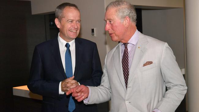 Prince Charles, right, with Leader of the Opposition, Bill Shorten. Picture: AAP.