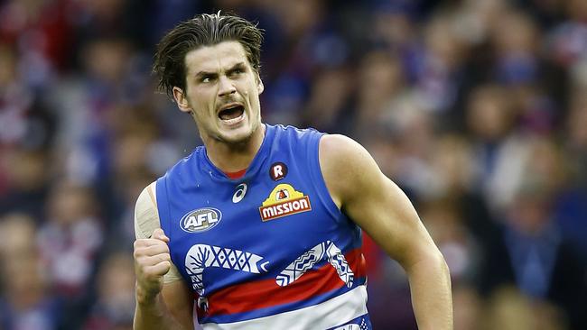 MELBOURNE, AUSTRALIA - MAY 27: Tom Boyd of the Bulldogs celebrates a goal during the round 10 AFL match between the Western Bulldogs and the St Kilda Saints at Etihad Stadium on May 27, 2017 in Melbourne, Australia. (Photo by Darrian Traynor/Getty Images)