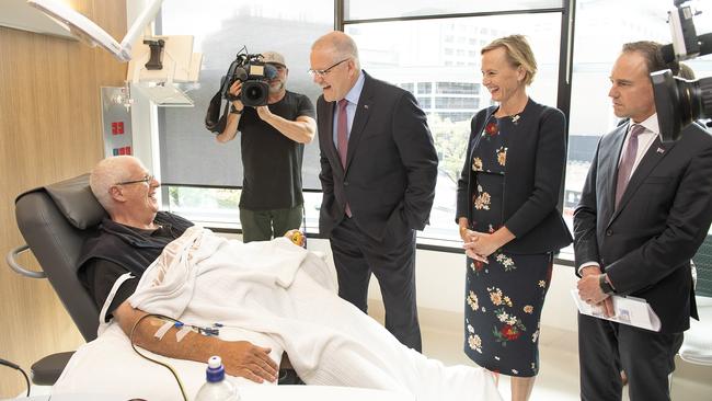 Prime Minister Scott Morrison chat to a patient during a tour of the Peter MacCallum Cancer Centre in Melbourne last month. Picture: AAP