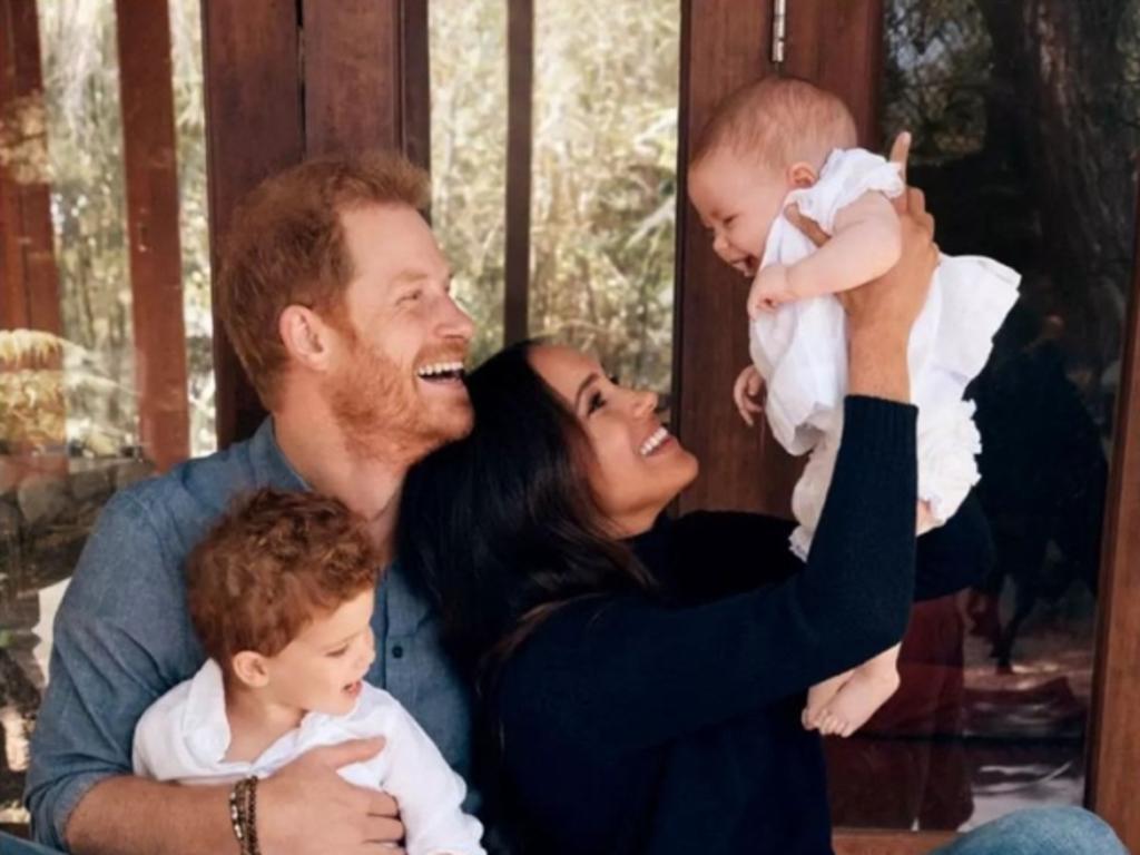 Prince Harry and Meghan Markle with their children, who have been shielded from the public, in an image from their 2021 Christmas card. Picture: Alexi Lubomirski/Handout/The Duke and Duchess of Sussex