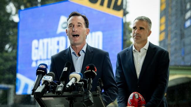 ADELAIDE, AUSTRALIA - APRIL 03: AFL CEO Andrew Dillon speaks to media during a 2024 AFL Gather Round Media Opportunity at the Adelaide Oval on April 03, 2024 in Adelaide, Australia. (Photo by Mark Brake/AFL Photos/via Getty Images)