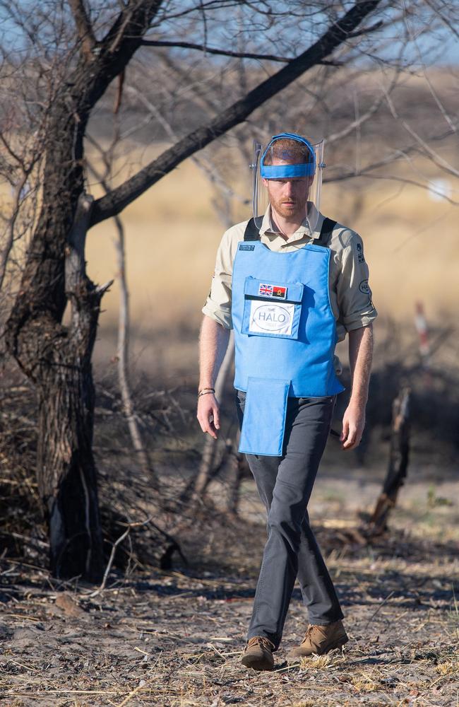 Prince Harry, Duke of Sussex walks through a minefield in Dirico, Angola, during a visit to see the work of landmine clearance charity the Halo Trust. Picture: Getty Images