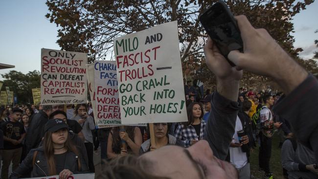 Protesters at a Milo event. Picture: David McNew/Getty Images/AFP