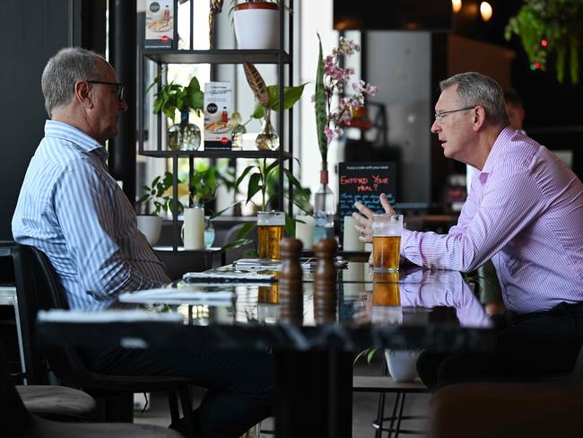 Steve Titmus sits down with Robert Craddock at The Half Pint Kitchen and Bar in Bowen Hills, Brisbane. Pic: Lyndon Mechielsen/Courier Mail