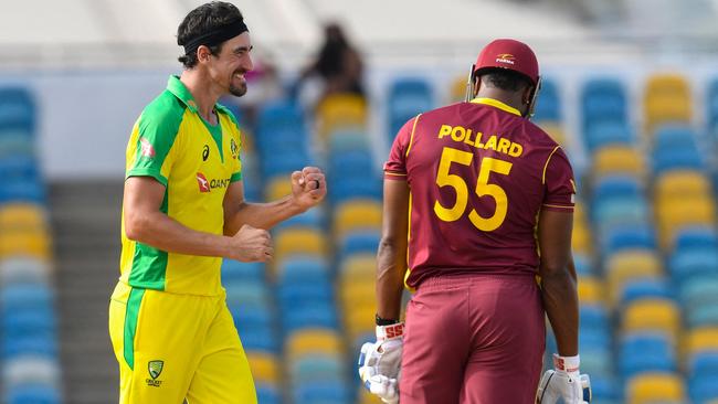 Mitchell Starc celebrates the dismissal of Kieron Pollard in Barbados. Picture: Randy Brooks / AFP