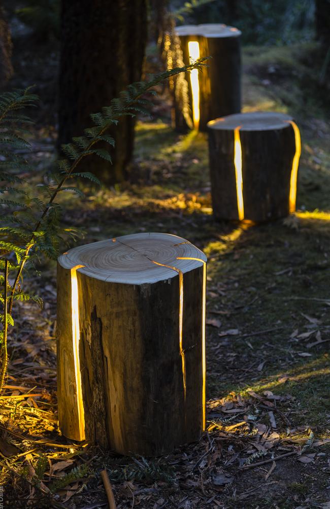 Logs salvaged and turned into garden lights.