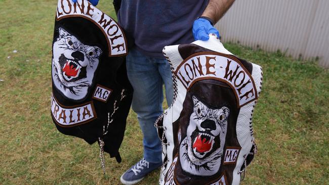 Lone Wolf Outlaw Motorcycle Gang patches seized during raids in Wollongong.