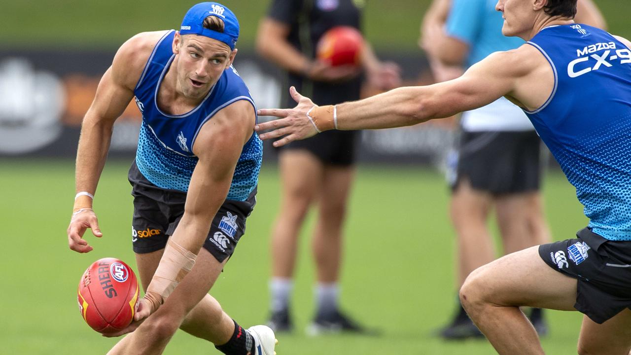 Dom Tyson in action at North Melbourne training. Picture: Jay Town