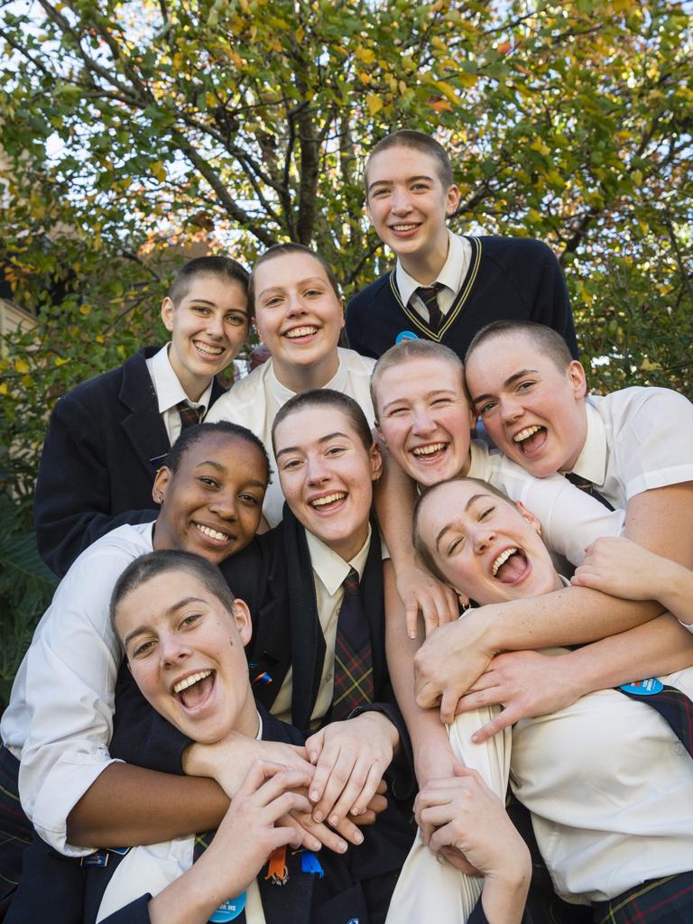 The Fairholme College Year 12 cohort has raised nearly $70,000 with their Shave for a Cure 2023 campaign students who shaved were (back, from left) Lara Palmer, Maeve Toombes, Lilly Biernoff, (middle row, from left) Ruva Maphosa, Amelia O'Dea, Abigail Crocker, Bridie Worland, Isabelle Watts (front, left) and Bianca Wilson (absent is Maddie Seawright). Picture: Kevin Farmer