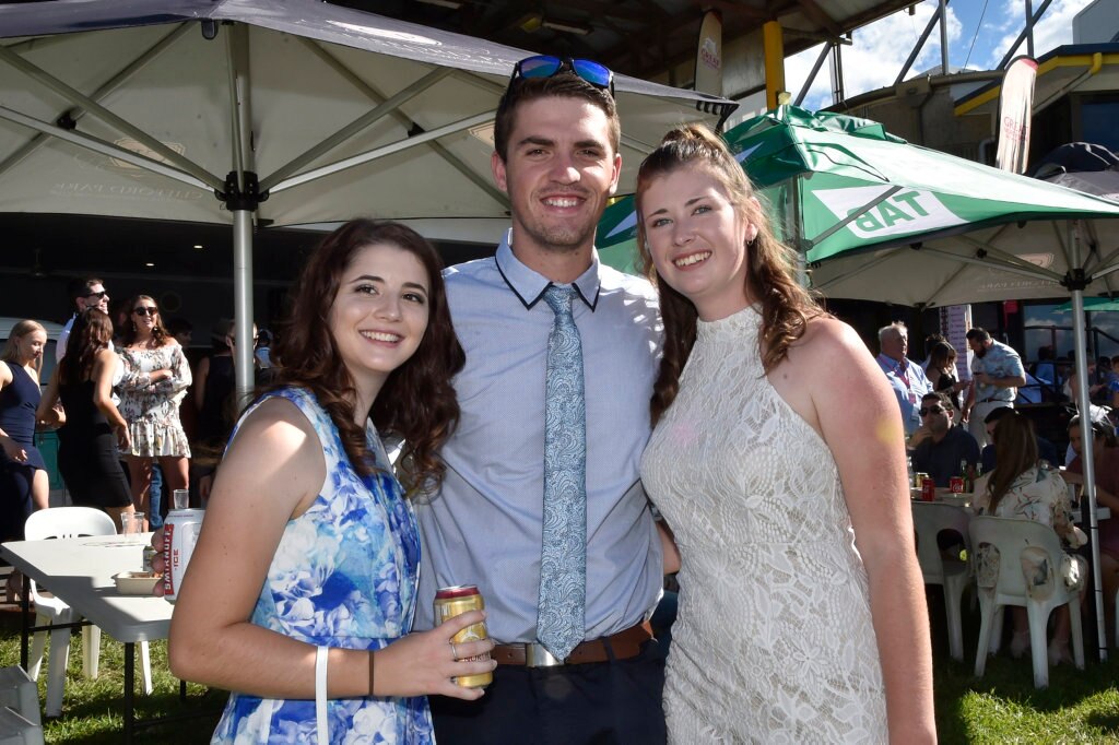 Hannah Maritan, Travis Guy, Taylah Currell. Clifford Park 2019 Weetwood race day. April 2019. Picture: Bev Lacey