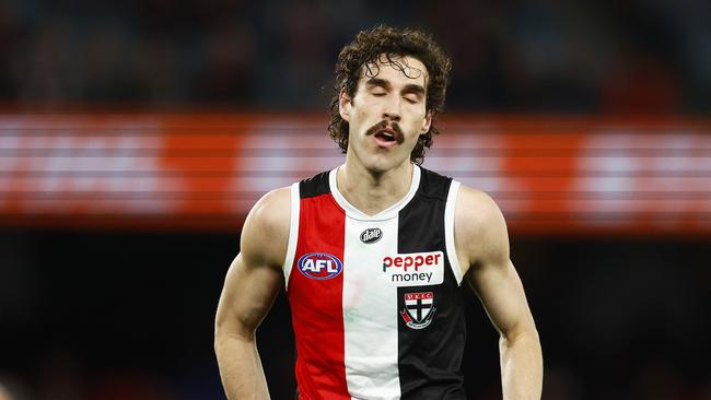 MELBOURNE, AUSTRALIA - AUGUST 12: Max King of the Saints reacts after missing a goal during the round 22 AFL match between the St Kilda Saints and the Brisbane Lions at Marvel Stadium on August 12, 2022 in Melbourne, Australia. (Photo by Daniel Pockett/AFL Photos/via Getty Images)