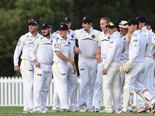 Kookaburra Cup cricket - Southport Labrador vs. Runaway Bay at Morrie Glasman Oval in Arundel. Southport Labrador celebrate after Runaway Bay batsman Sean Oussthuzen given out LBW bowled by Devon Hamley. Picture: Lawrence Pinder