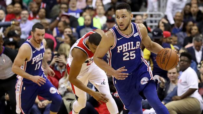 Ben Simmons on the attack for Philadelphia in his NBA debut today. Photo: Getty Images