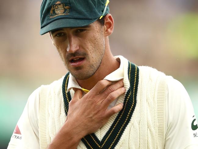 PERTH, AUSTRALIA - DECEMBER 18:  Mitchell Starc of Australia looks on during day five of the Third Test match during the 2017/18 Ashes Series between Australia and England at WACA on December 18, 2017 in Perth, Australia.  (Photo by Ryan Pierse/Getty Images)