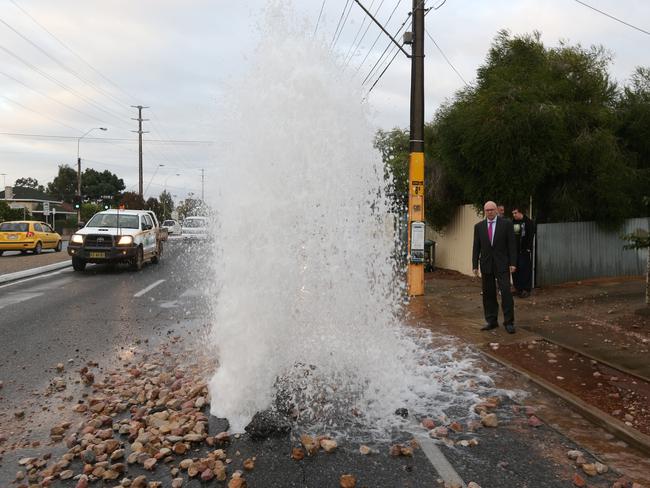 Another day, another spray ... a burst water main on Marion Rd, the fourth in just over a week and the second in two days. Pic: Tait Schmaal