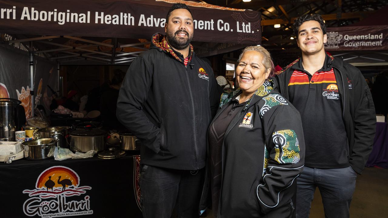 Representing Goolburri Aboriginal Health Advancement are (from left) Nathan Gaulton, Lizzie Adams and Warren Draper at Toowoomba NAIDOC Week celebrations at The Goods Shed, Monday, July 4, 2022. Picture: Kevin Farmer