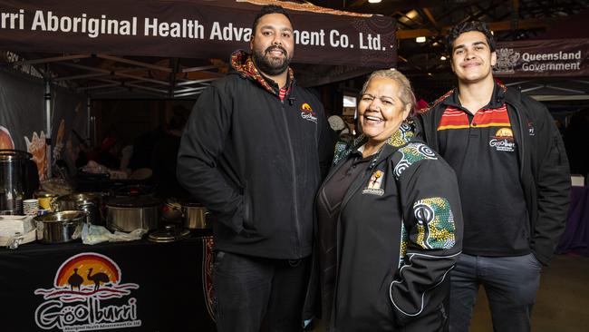 Representing Goolburri Aboriginal Health Advancement are (from left) Nathan Gaulton, Lizzie Adams and Warren Draper at Toowoomba NAIDOC Week celebrations at The Goods Shed, Monday, July 4, 2022. Picture: Kevin Farmer